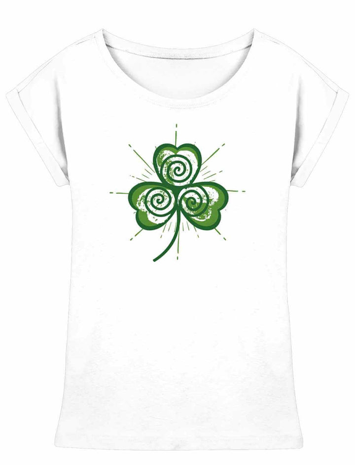 Trifolia Mystica Damen Extended Shoulder Shirt in Weiß mit mystischem Kleeblatt aus drei Triskele-Spiralen – Flatlay-Ansicht
