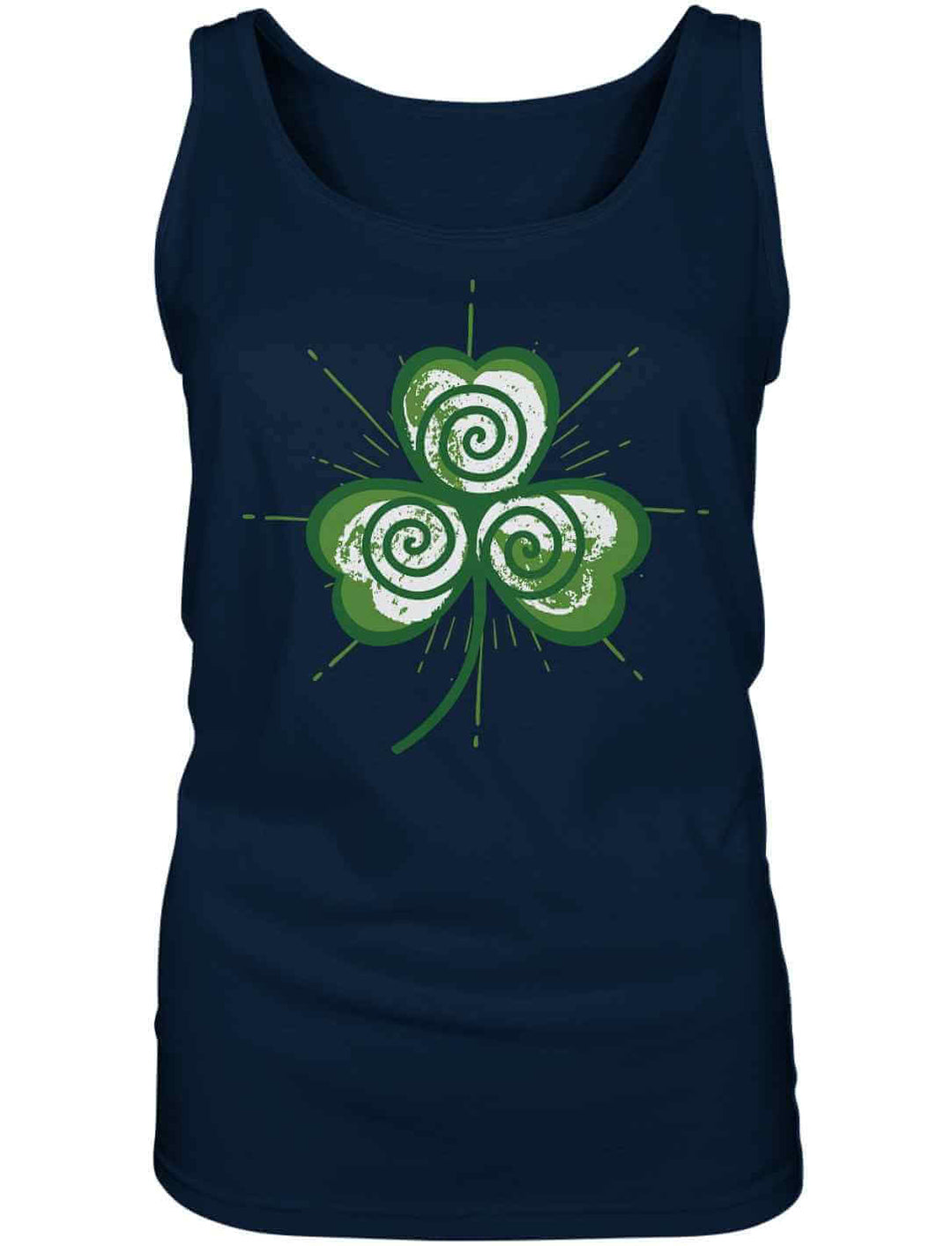 Dunkelblaues Damen Tanktop mit stilisiertem Trifolia Mystica Symbol – keltische Spirale im Kleeblatt