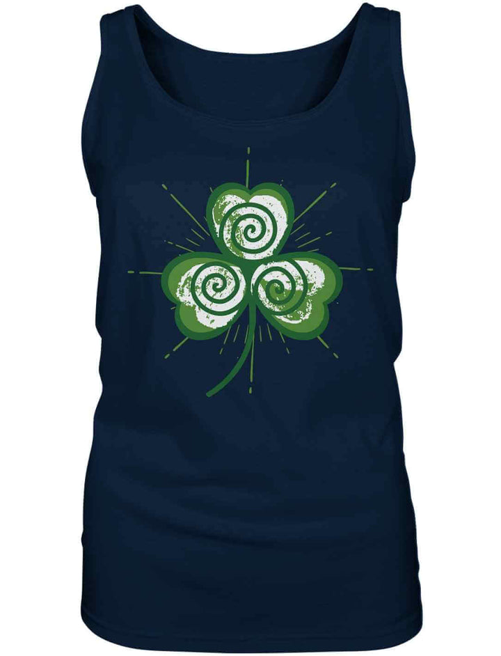 Dunkelblaues Damen Tanktop mit stilisiertem Trifolia Mystica Symbol – keltische Spirale im Kleeblatt
