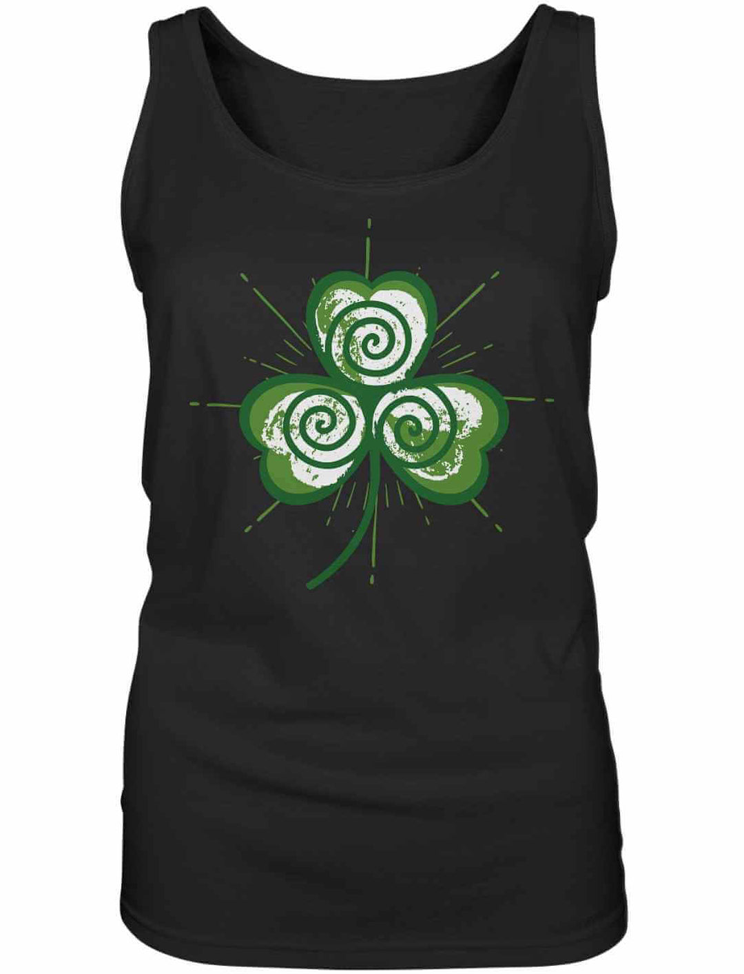 chwarzes Damen Tanktop mit grünem Trifolia Mystica Design – inspiriert von keltischer Symbolik