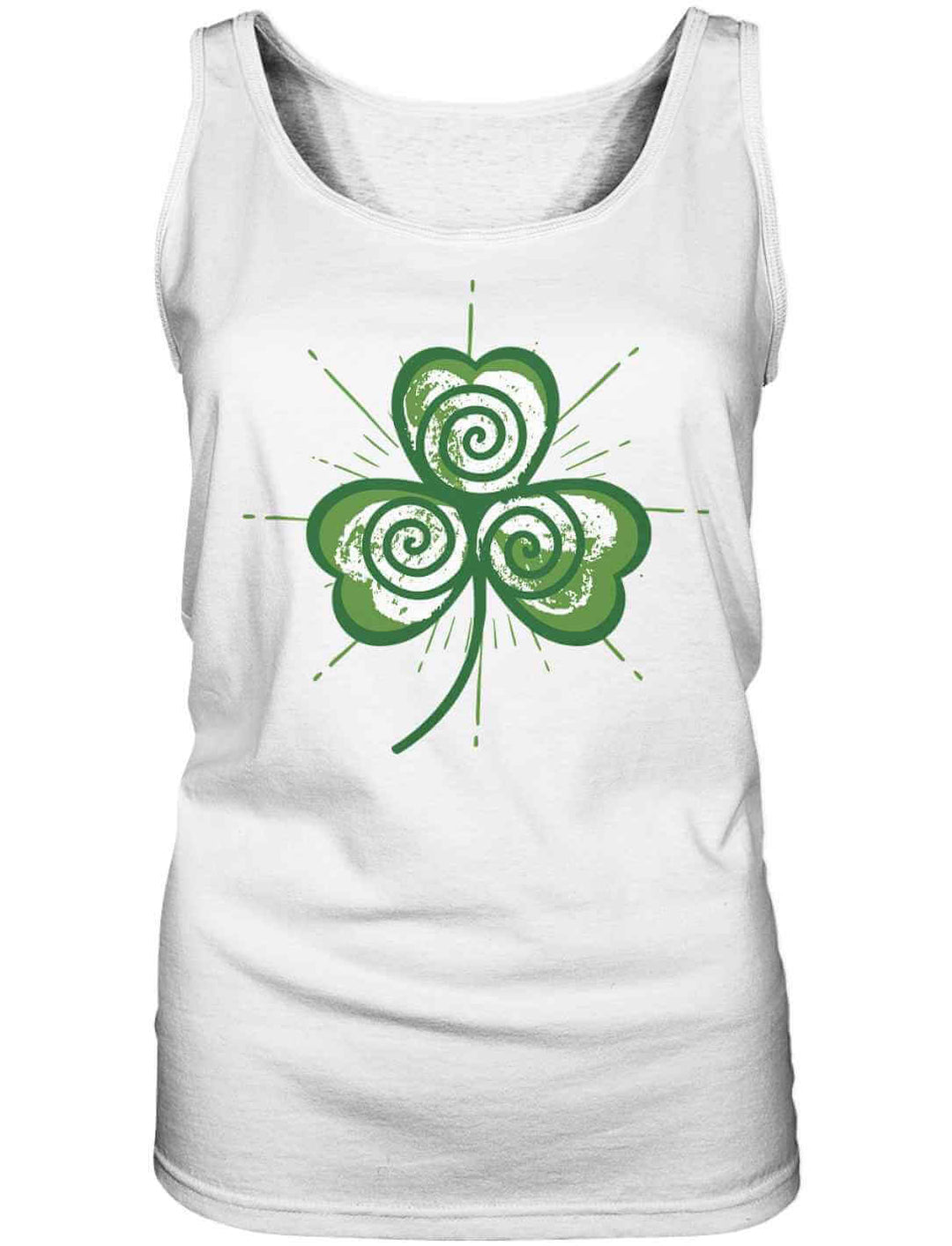 Weißes Damen Tanktop mit mystischem Trifolia Mystica Motiv – keltisches Kleeblatt mit Triskele