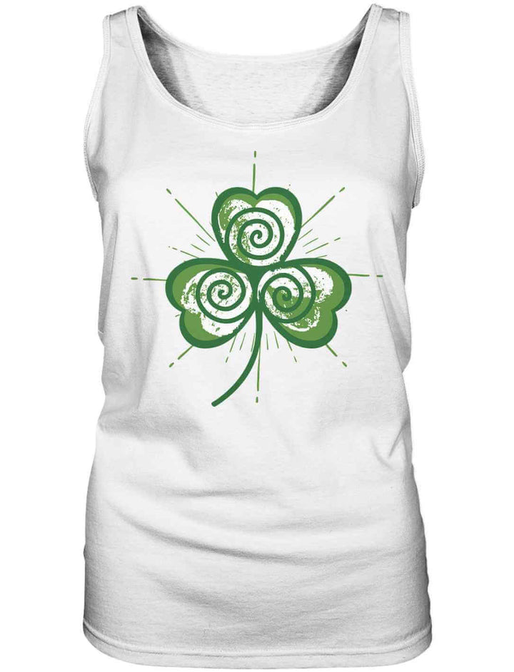 Weißes Damen Tanktop mit mystischem Trifolia Mystica Motiv – keltisches Kleeblatt mit Triskele