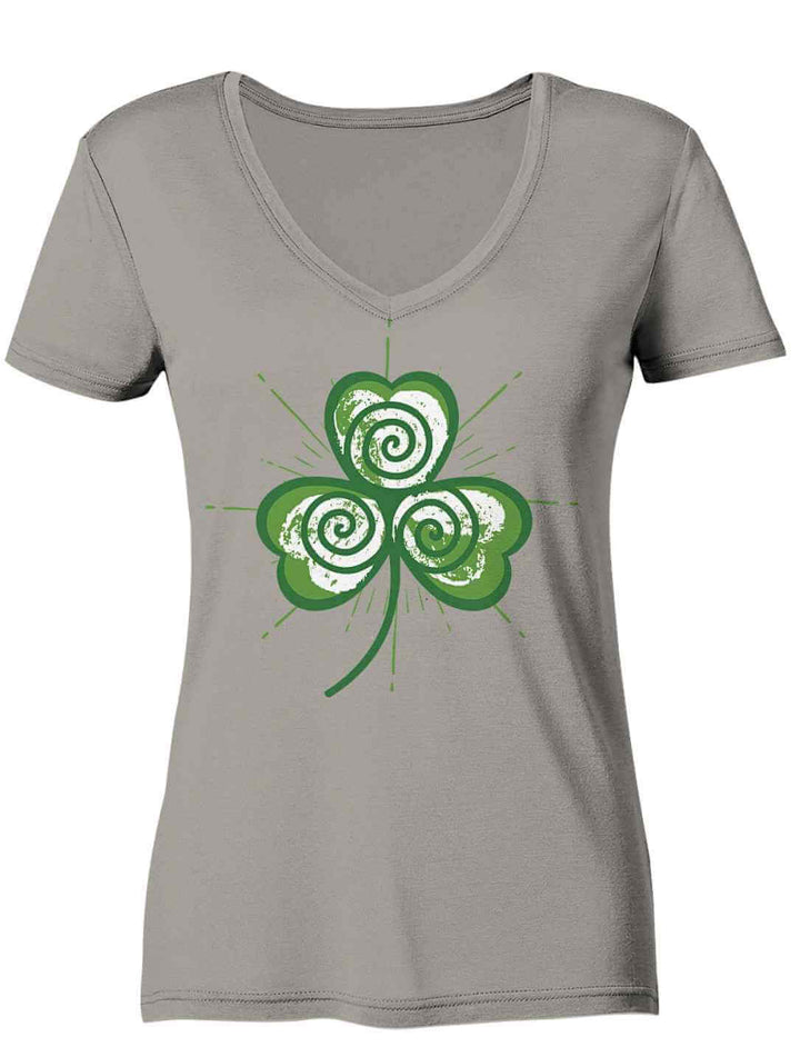 V-Neck Damen Shirt Trifolia Mystica in Hellgrau mit grünem Dreiblatt-Triskele-Print aus der keltischen Mythologie