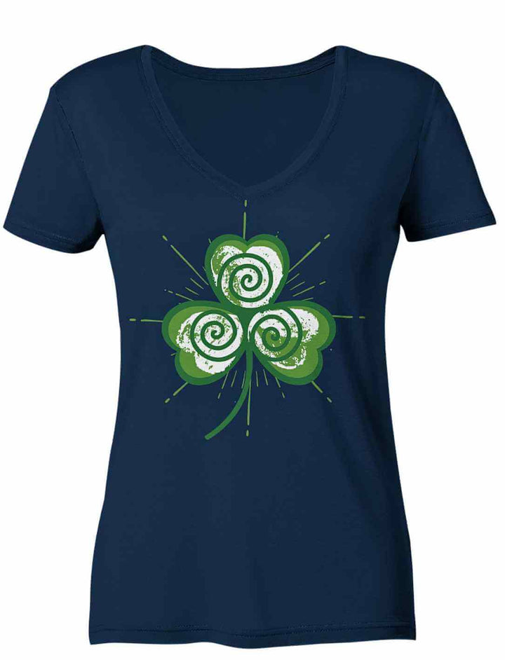 Trifolia Mystica Damen V-Neck Shirt in Dunkelblau mit mystischem Triskele-Motiv im Kleeblatt-Stil