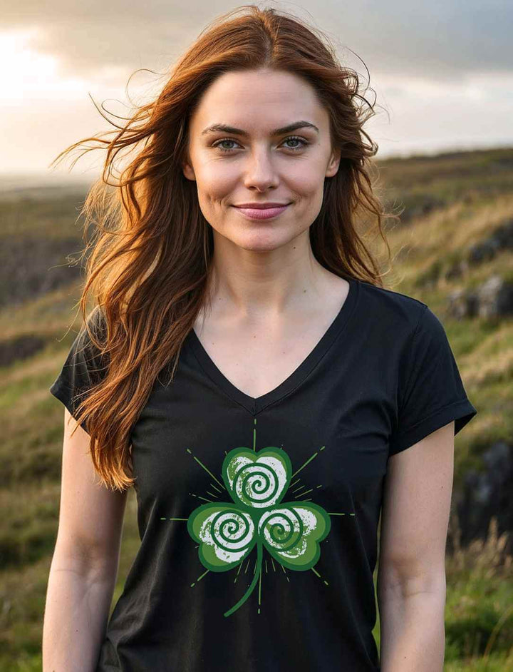 Junge Frau trägt das schwarze Trifolia Mystica Damen V-Neck Shirt mit leuchtend grünem Triskele-Dreiblatt auf einer irischen Wiese