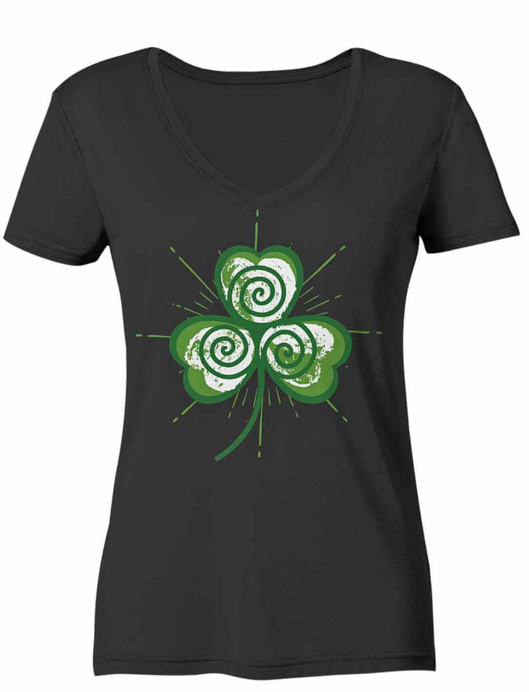 Vorderansicht des Trifolia Mystica Damen V-Neck Shirts in Schwarz mit keltischem Kleeblatt-Triskele-Print