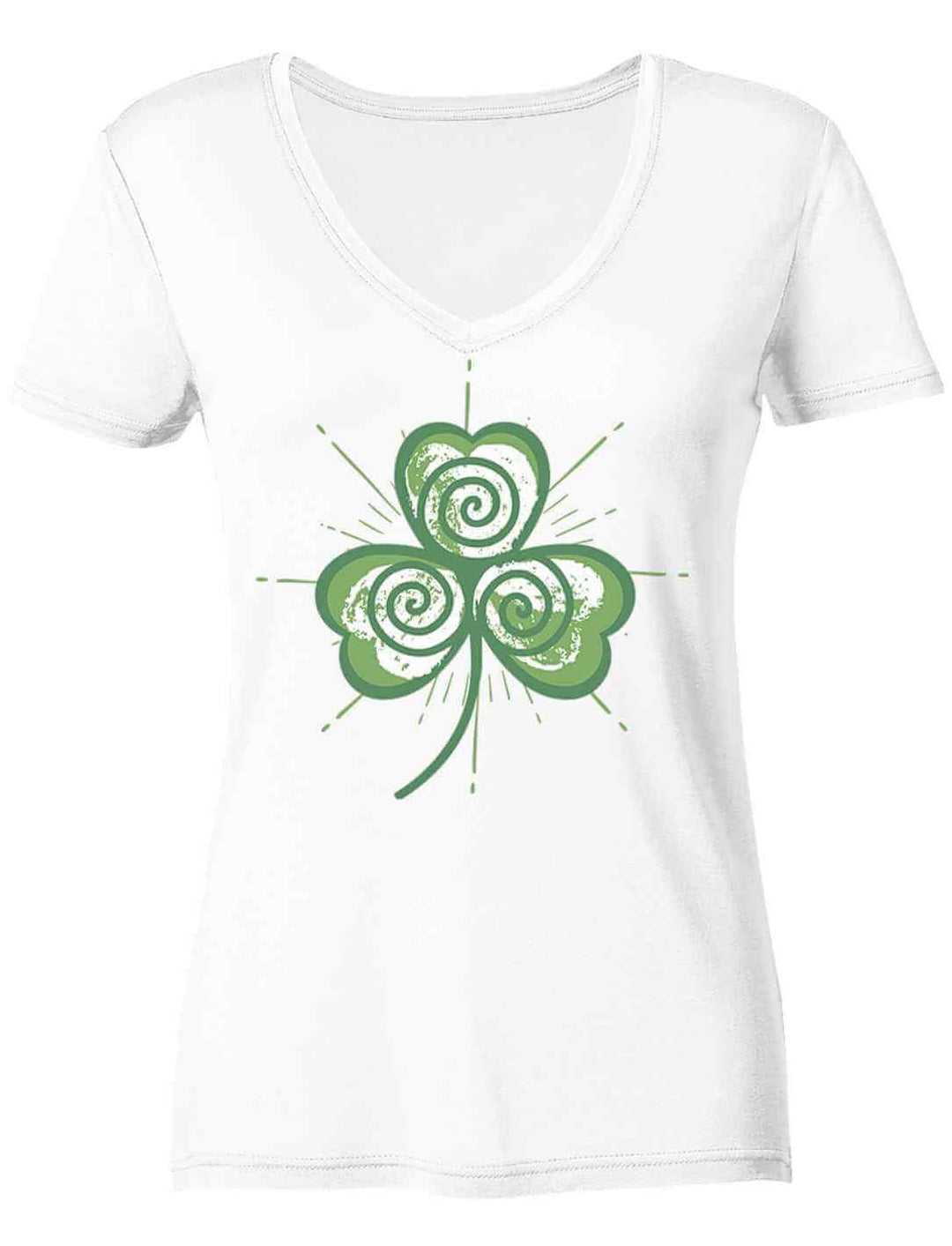 orderansicht des Trifolia Mystica Damen V-Neck Shirts in Weiß mit grünem keltischem Triskele-Kleeblatt