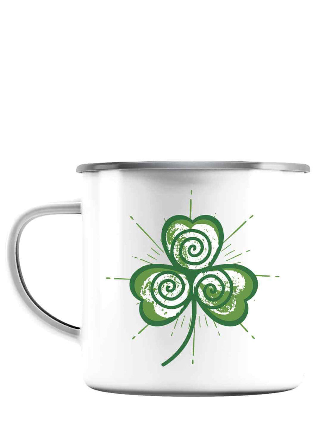 Weiße Emaille-Tasse mit silbernem Rand, keltisches Kleeblattdesign in der Mitte, Henkel zeigt nach links.