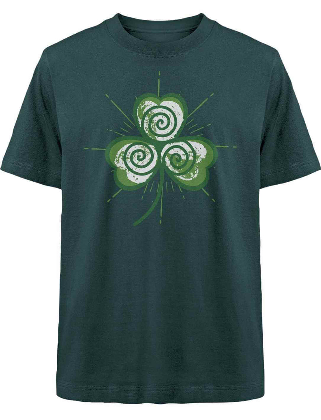 Tiefgrünes Heavy Shirt mit keltischem Triskele-Kleeblatt-Motiv – naturverbundener Statement-Print.