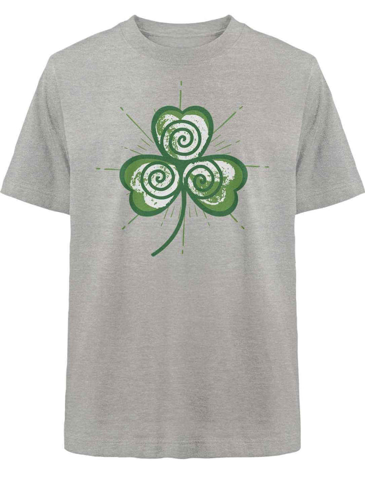 Hellgraues T-Shirt mit kräftigem Baumwollstoff und zentralem Trifolia-Mystica-Design.