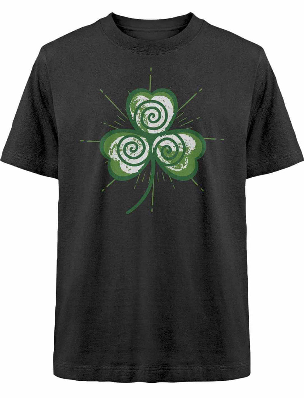Schweres Oversized T-Shirt in Schwarz mit grün-weißer Triskele-Kleeblatt-Grafik auf der Brust.