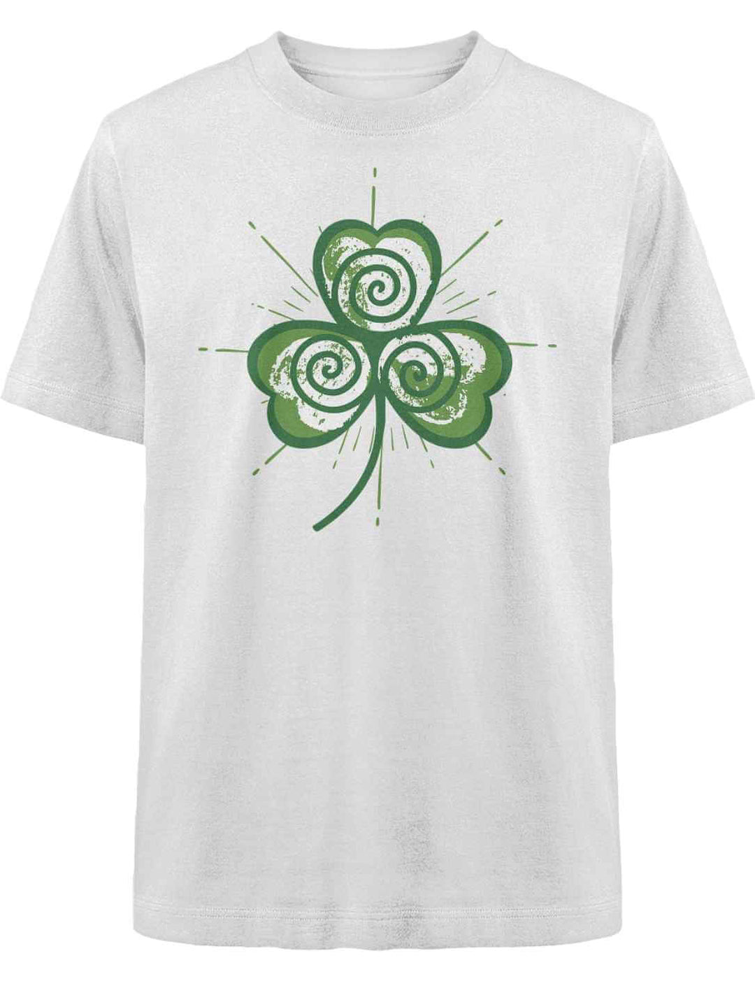 Weißes Heavy T-Shirt mit keltischem Trifolia Mystica Print in Grün – Symbol für Wandel und Naturverbundenheit.