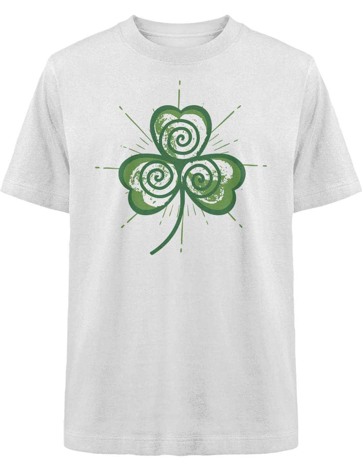 Weißes Heavy T-Shirt mit keltischem Trifolia Mystica Print in Grün – Symbol für Wandel und Naturverbundenheit.