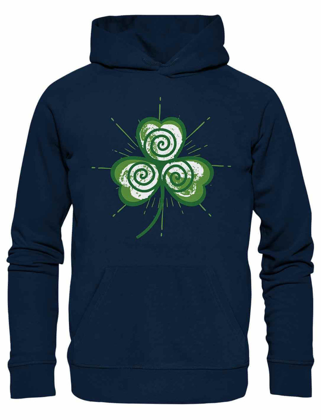 Trifolia Mystica Hoodie in French Navy – tiefer Blauton trifft auf mystisch-grünes Kleeblatt mit Triskele.