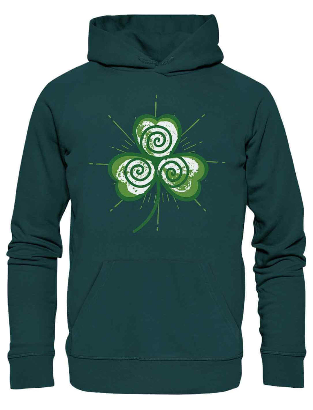 Trifolia Mystica Hoodie in Glazed Green – tiefer Grünton mit hellem, leuchtendem Lebenssymbol im Zentrum.