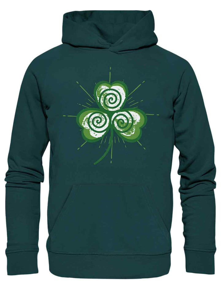 Trifolia Mystica Hoodie in Glazed Green – tiefer Grünton mit hellem, leuchtendem Lebenssymbol im Zentrum.