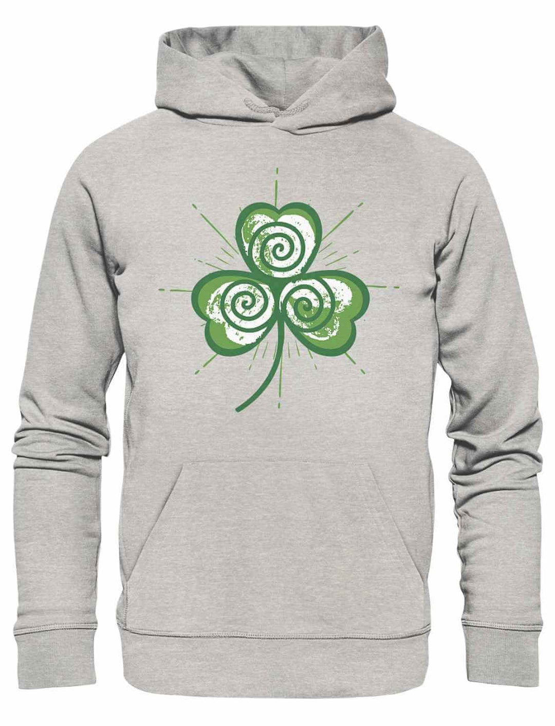 Trifolia Mystica Unisex Hoodie in Heather Grey – flach ausgebreitet mit Kleeblatt-Triskele-Print in kräftigem Grün.