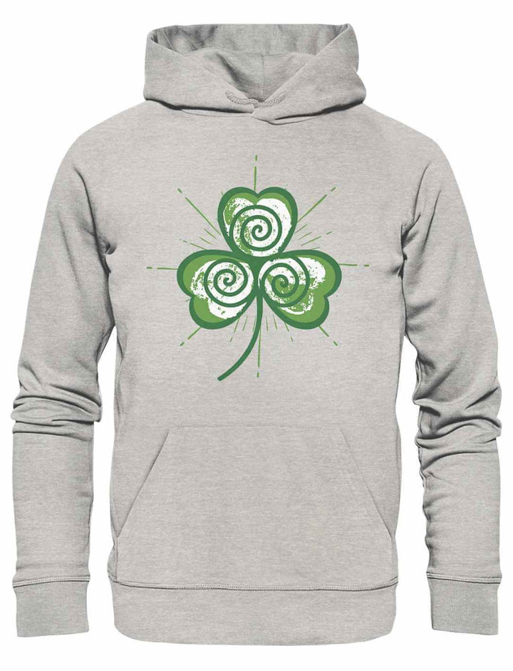 Trifolia Mystica Unisex Hoodie in Heather Grey – flach ausgebreitet mit Kleeblatt-Triskele-Print in kräftigem Grün.