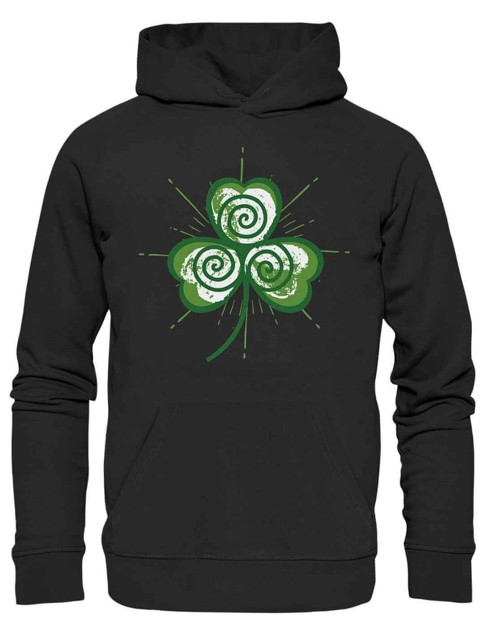 Trifolia Mystica Hoodie in Schwarz – klassisch, kraftvoll & mit mystischem Kleeblattmotiv auf der Front.