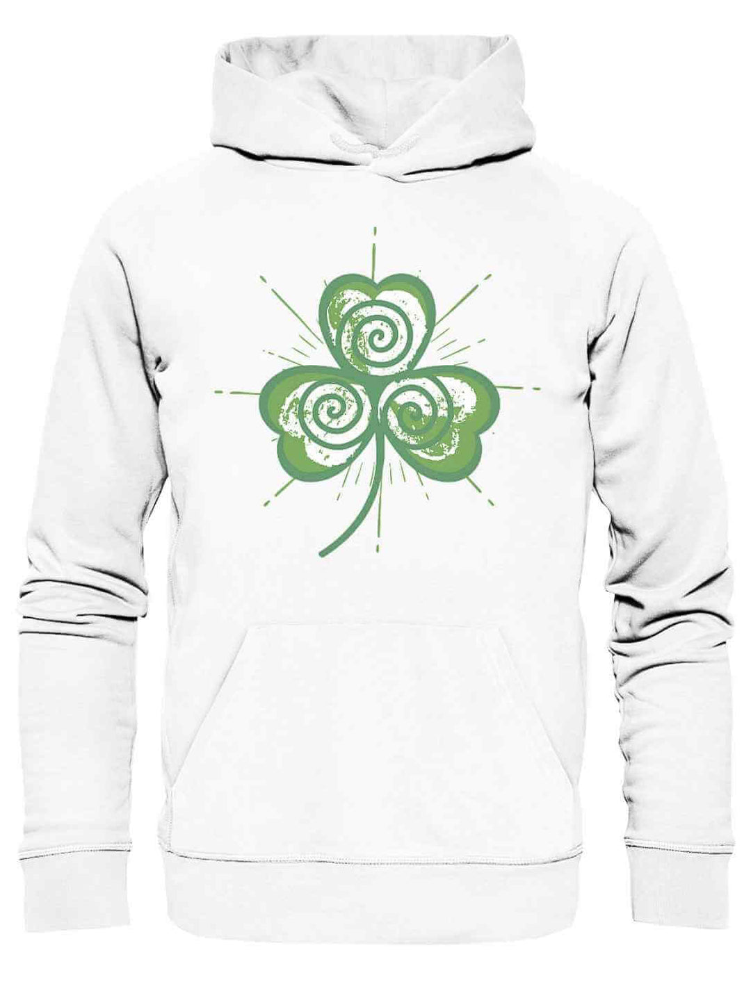Trifolia Mystica Hoodie in strahlendem Weiß – Symbolik des Glücks und der Verbundenheit auf hellem Untergrund.