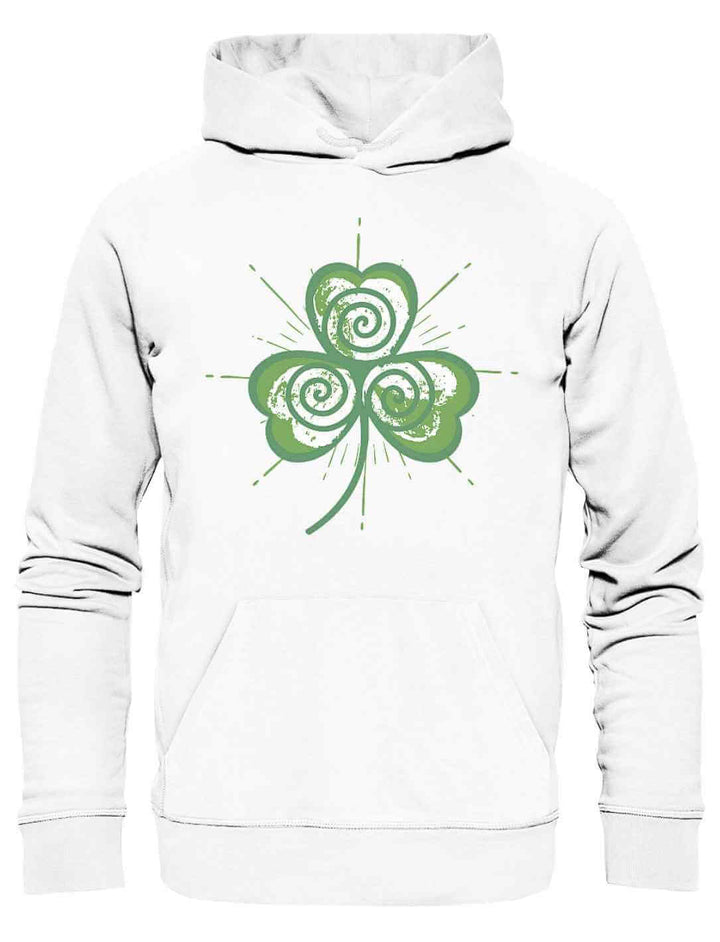 Trifolia Mystica Hoodie in strahlendem Weiß – Symbolik des Glücks und der Verbundenheit auf hellem Untergrund.