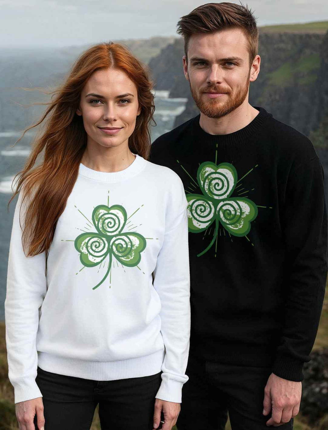 Zwei Models in Trifolia Mystica Sweatshirts vor Naturkulisse – Schwarz & Weiß