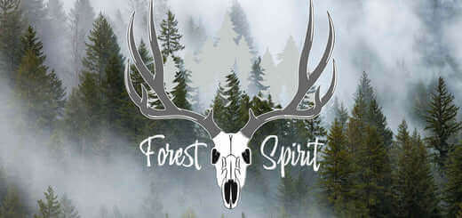 Illustration eines Hirschschädels mit großen Geweihen, flankiert vom Schriftzug 'Forest Spirit', vor einem nebeligen Waldhintergrund mit hohen Nadelbäumen.