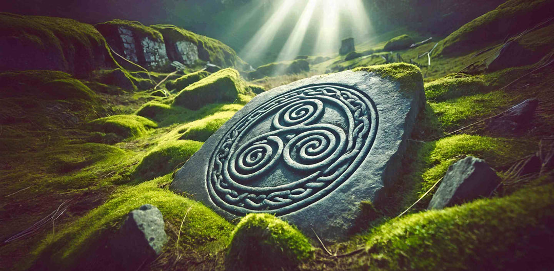 Triskele in Stein gemeißelt – keltisches Dreispiralensymbol zwischen moosbewachsenen Felsen
