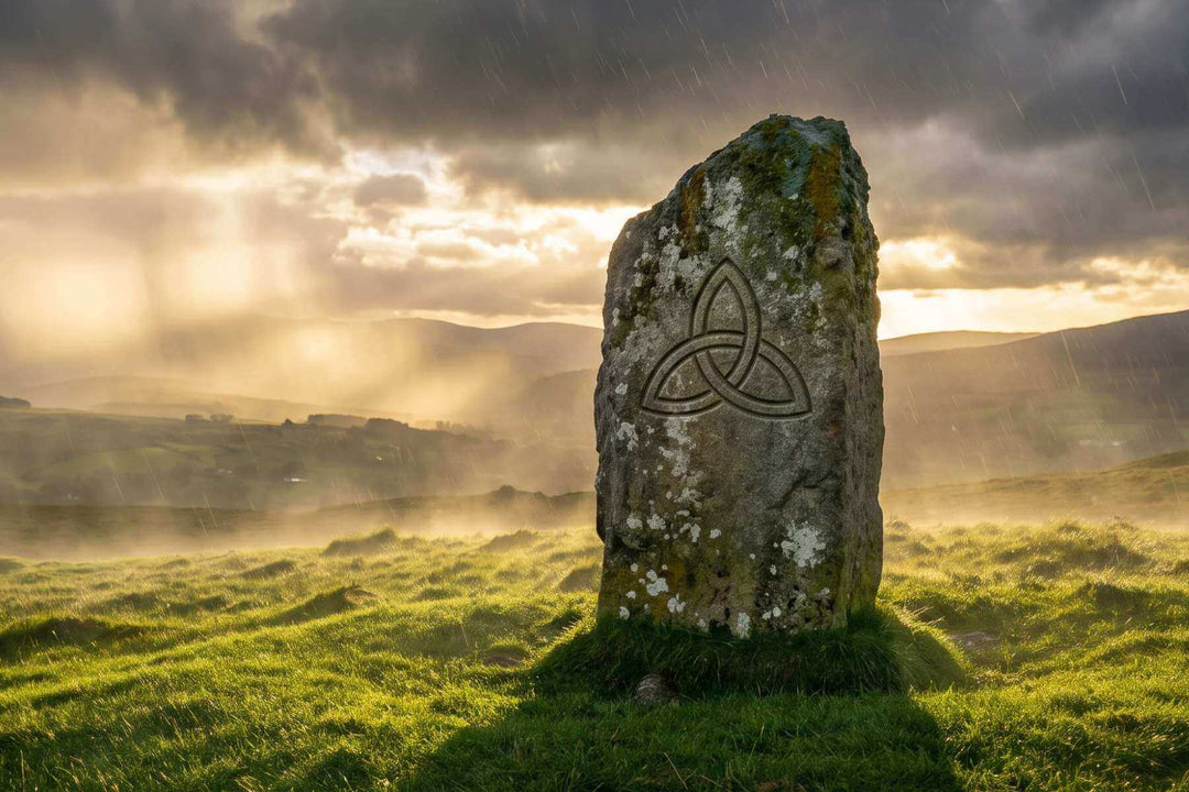 Triquetra Symbol in moosbewachsenem Stein gemeißelt – keltischer Dreifachknoten in irischer Landschaft