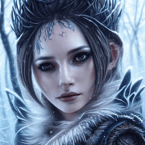 Porträt einer Druidin mit hellen Augen, dunklem Make-up und Runen auf der Stirn, in winterlicher Umgebung mit Schnee und Fellkapuze.