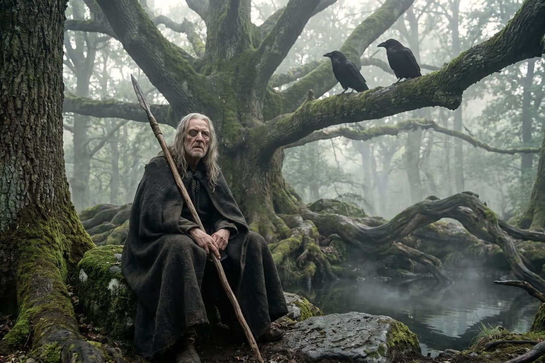 Odin mit Speer und Augenklappe unter einer alten Eiche, auf einem Ast sitzen die Raben Hugin und Munin