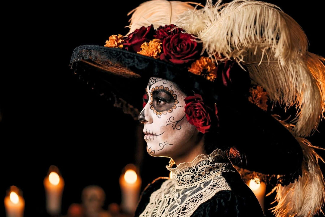 Frau mit Catrina-Gesichtsbemalung und grossem Federhut im Kerzenlicht auf einem Friedhof