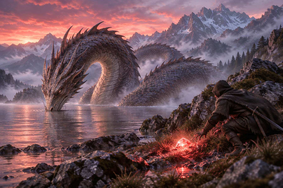 Lindwurm taucht bei Sonnenuntergang in einen Bergsee, am Ufer greift eine verhüllte Gestalt nach dem leuchtend roten Karfunkelstein