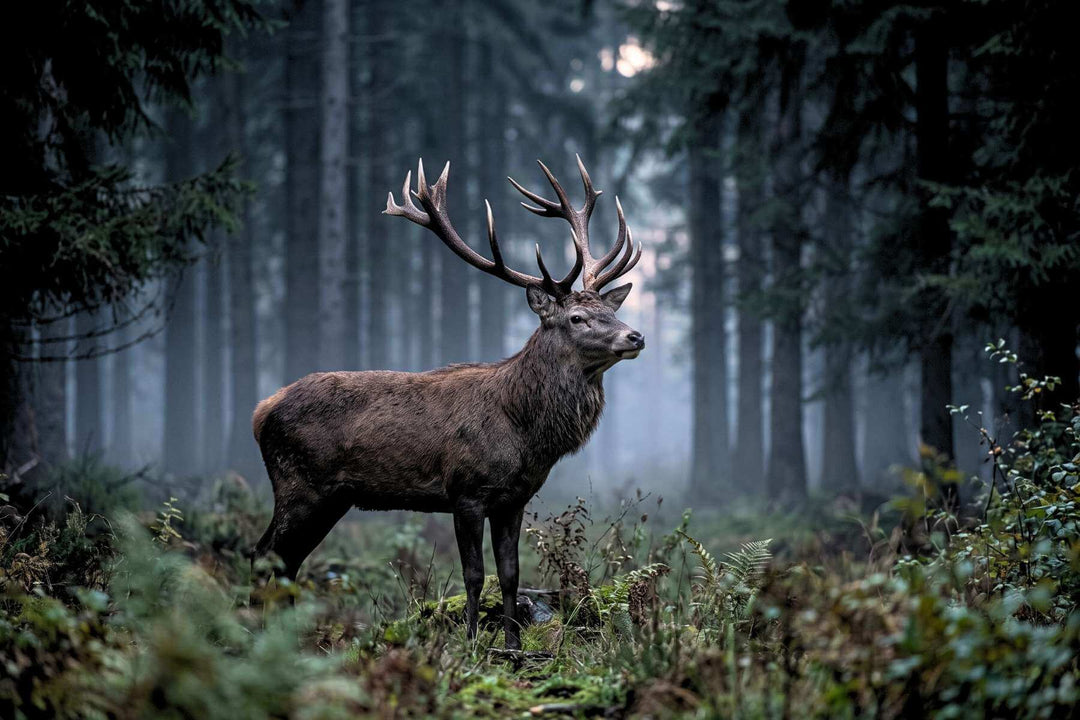 Rothirsch mit weit geöffnetem Geweih am Rand einer Waldlichtung im Morgennebel