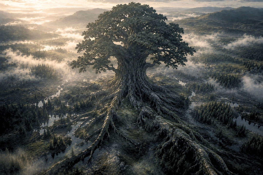 Luftaufnahme der gewaltigen Weltenesche Yggdrasil über nebligem Wald, mit weit ausgreifender Krone und drei mächtigen Wurzeln