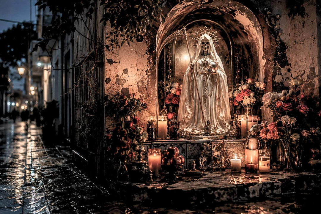 Beleuchteter Strassenschrein fuer Santa Muerte in einer Gasse bei Daemmerung