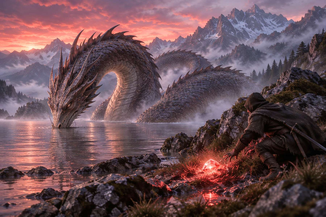 Lindwurm taucht bei Sonnenuntergang in einen Bergsee, am Ufer greift eine verhüllte Gestalt nach dem leuchtend roten Karfunkelstein