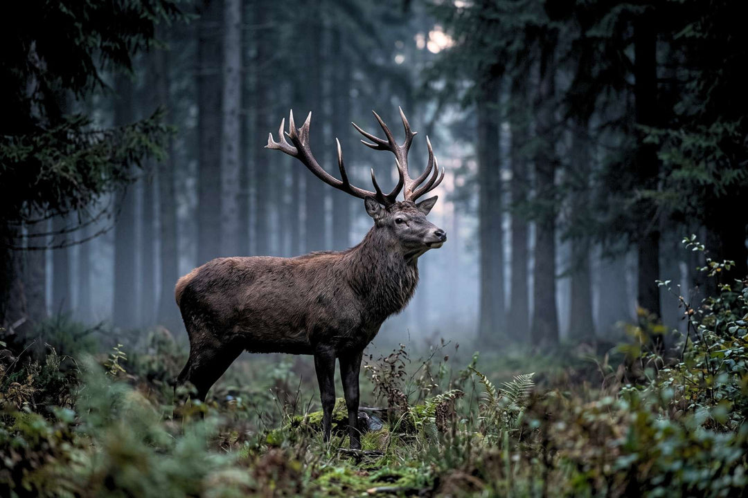 Rothirsch mit weit geöffnetem Geweih am Rand einer Waldlichtung im Morgennebel