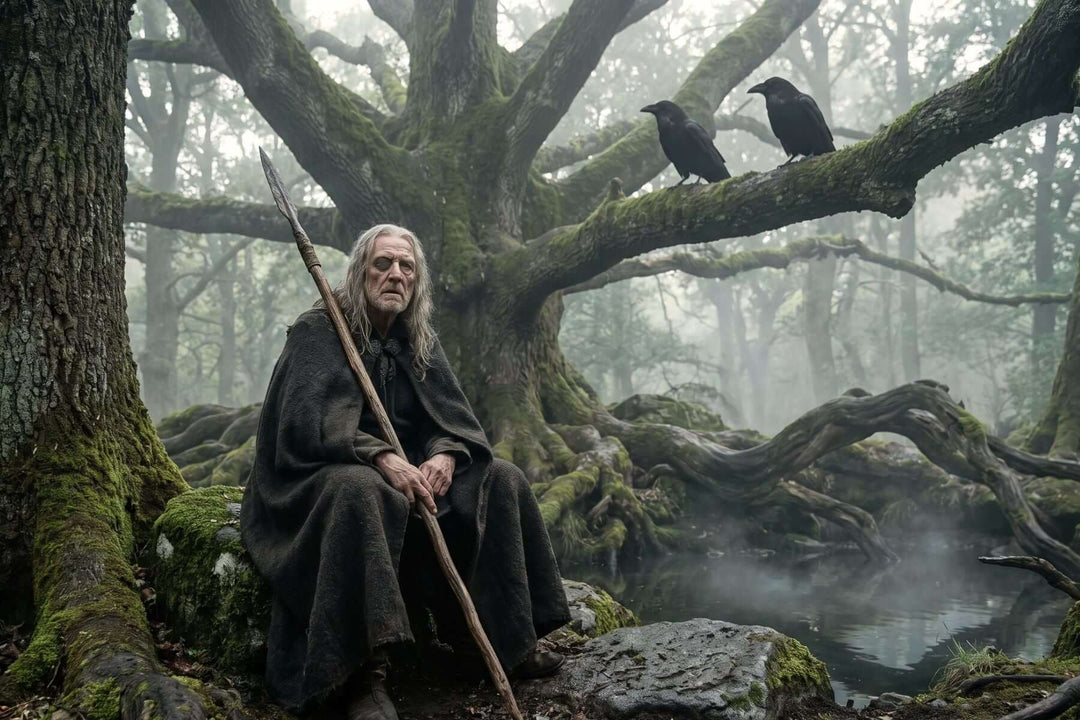 Odin mit Speer und Augenklappe unter einer alten Eiche, auf einem Ast sitzen die Raben Hugin und Munin