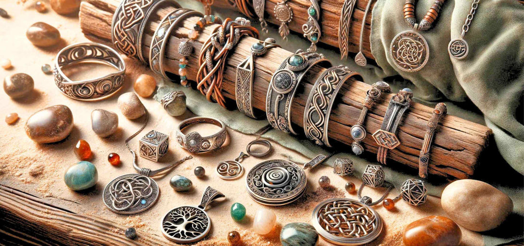 Mythologischer Schmuck mit nordischen und keltischen Symbolen. Präsentiert auf Holz.