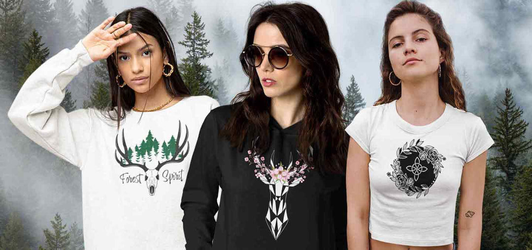 Mystische Damenbekleidung: Hoodies, Shirts und Tops mit Fantasy-Designs aus der Runental Kollektion, inspiriert von Mythologie und Symbolik.