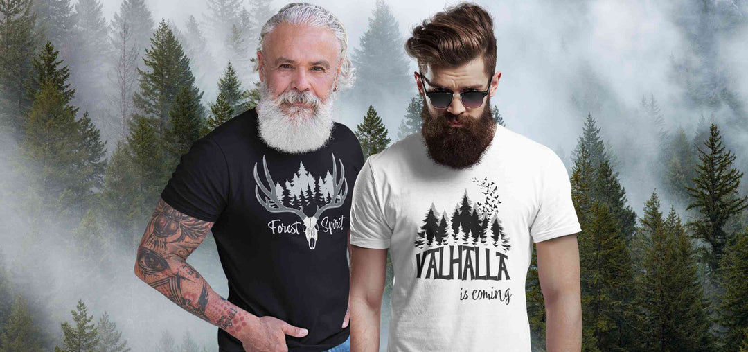 Auswahl von Herren T-Shirts aus der Runental Kollektion, mit Designs inspiriert von Mythologie und Fantasy.