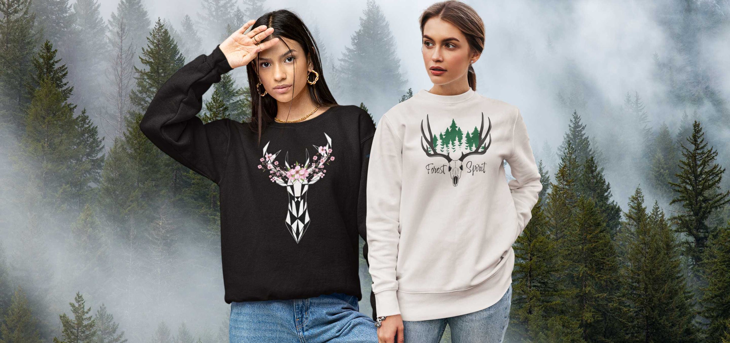 Auswahl von Damen Sweater aus der Runental Kollektion, mit Designs inspiriert von Mythologie und Fantasy.