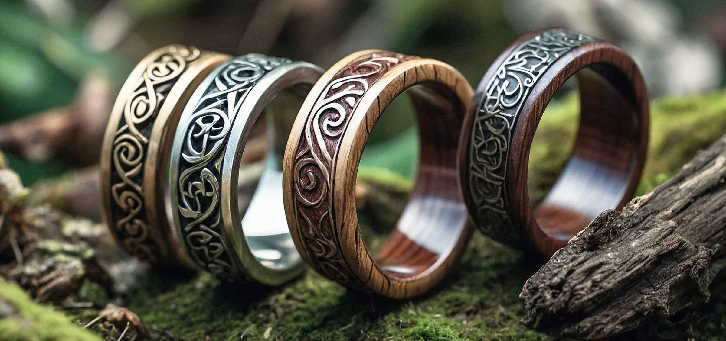 Kategoriebild Ringe, Vier mythologische Ringe aus Holz und Metall mit keltischen Mustern auf einem moosbedeckten Waldhintergrund.