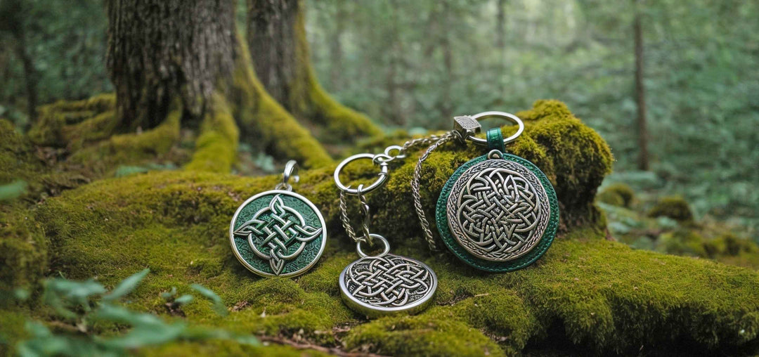 Runental.de's keltische und nordische Schlüsselanhänger, präsentiert auf einem naturbelassenen Wald- und Mooshintergrund – Symbolik und Geschichte in deiner Hand.