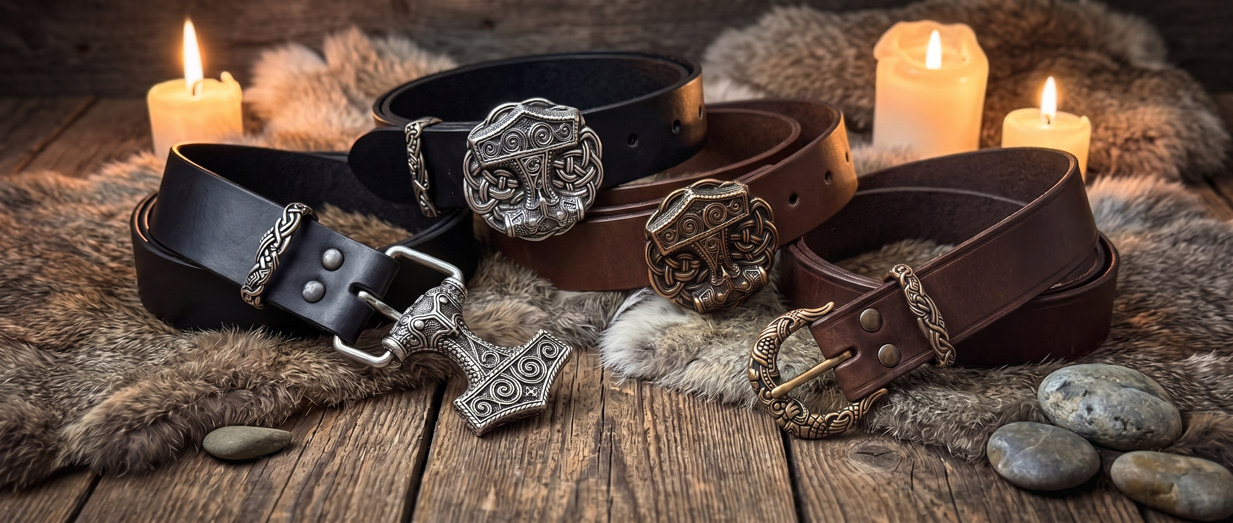 Mehrere Wikinger Ledergürtel mit Mjölnir- und Borre-Schnallen auf Holz und Fell