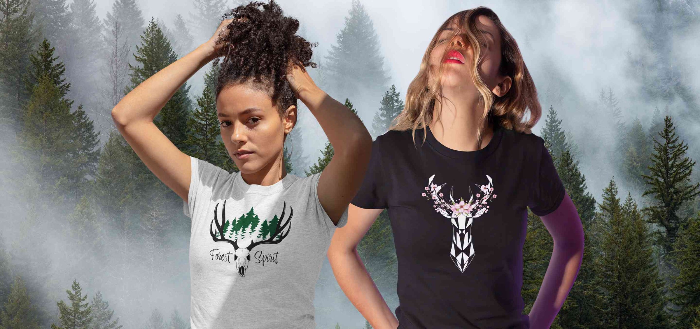 Auswahl von Damen T-Shirts aus der Runental Kollektion, mit Designs inspiriert von Mythologie und Fantasy.