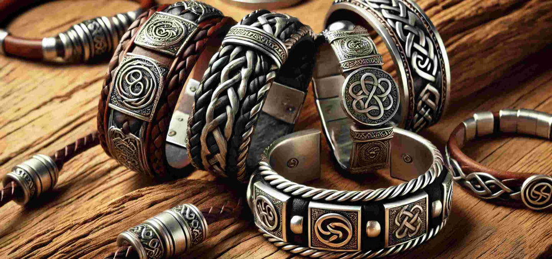 Armbänder aus Leder, Silber und Edelstahl fotografiert auf Holzhintergrund.
