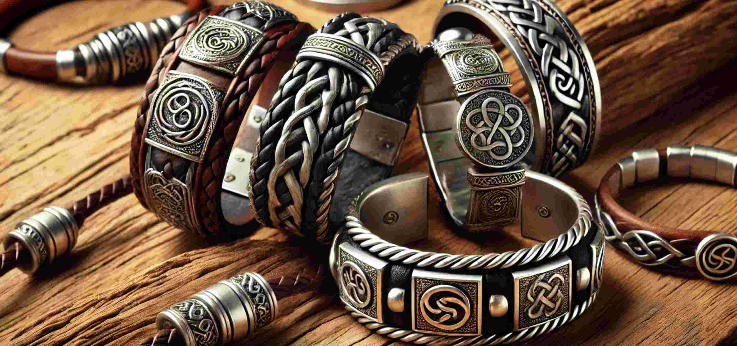 Armbänder aus Leder, Silber und Edelstahl fotografiert auf Holzhintergrund.