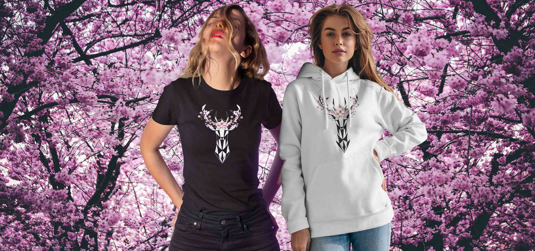 Verschiedene Bekleidungsstücke aus der Sakura Deer Collection von Runental, inspiriert von der Schönheit der Kirschblüten und der Anmut des Hirsches.